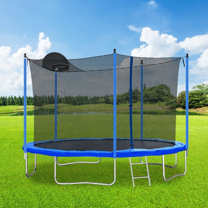 12Ft Trampoline For Adults & Kids With Basketball Hoop, Outdoor Trampolines With Ladder And Safety Enclosure Net For Kids And Adults - Blue - Image 3