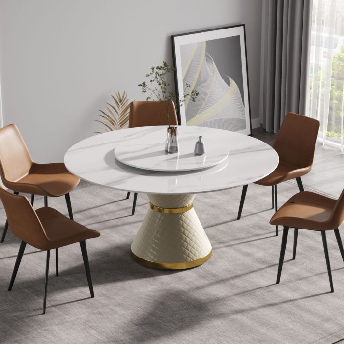 Modern Artificial Stone Round Carbon Steel Base Dining Table Stone Turntable - Image 2