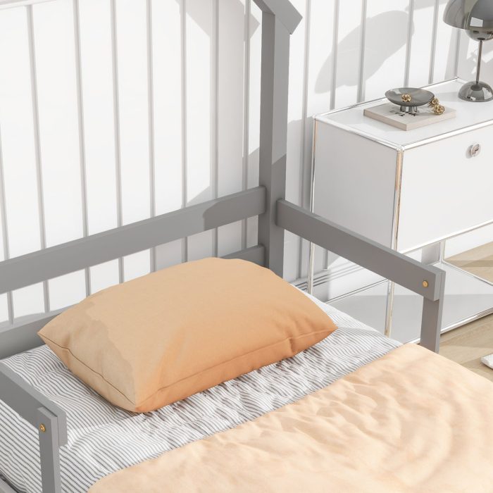 Twin House-Shaped Headboard Floor Bed With Handrails, Slats - Image 3