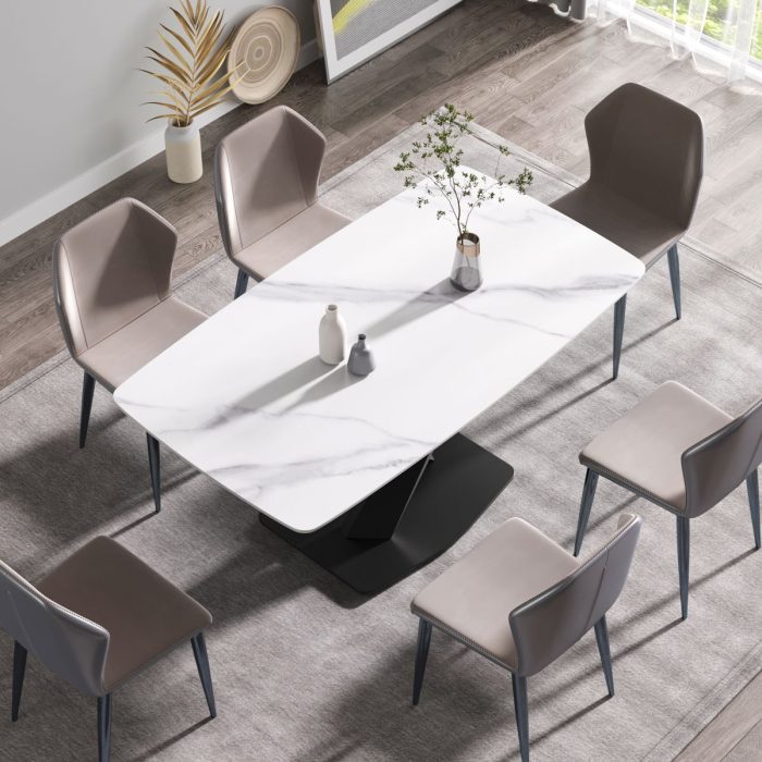 63" Modern Artificial Stone Dining Table, 6 People - White / Black - Image 4