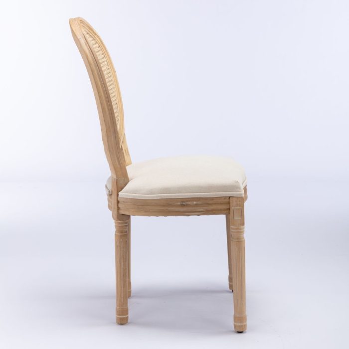 French Style Solid Wood Frame Antique Painting Linen Fabric Rattan Back Dining Chair (Set of 2) - Image 6