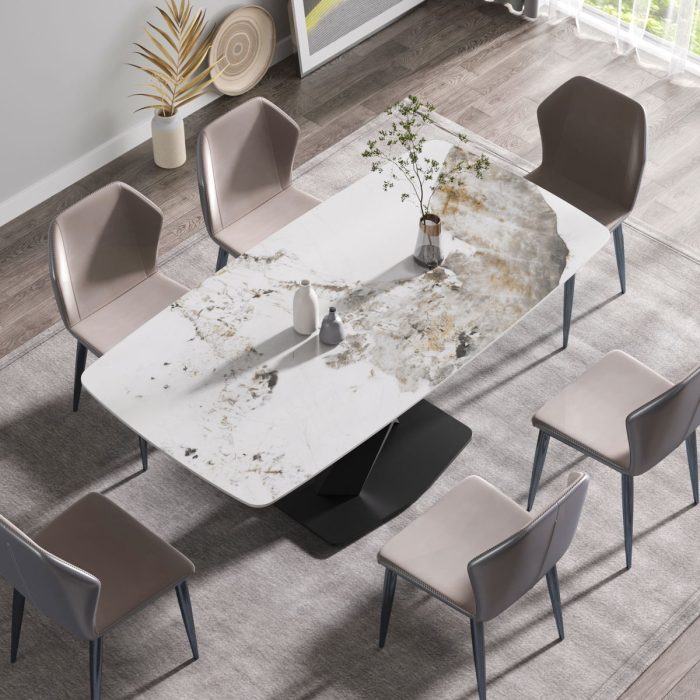 Modern Artificial Stone Pandora White Curved Metal Leg Dining Table, Can Accommodate 6-8 People - Antique White - Image 2