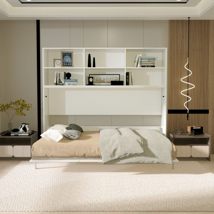 Mordern Design Twin Size Horizontal Murphy Bed With Shelf Storage For Bedroom Or Guestroom Wall Bed Space Saving Hidden Bed With New Style Gas Struts - White - Image 2
