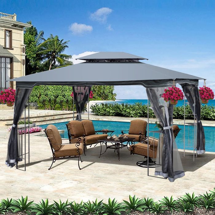 Patio Gazebo Tent With Ventilated Double Roof And Mosquito Net For Backyard Or Garden - Image 5