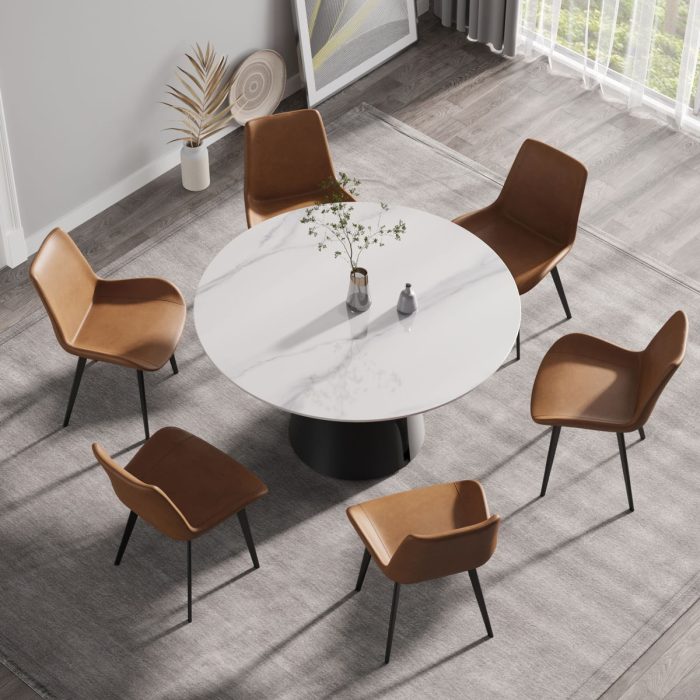 53.15" Modern Artificial Stone Round Carbon Steel Base Dining Table, Can Accommodate 6 People - White / Black - Image 2