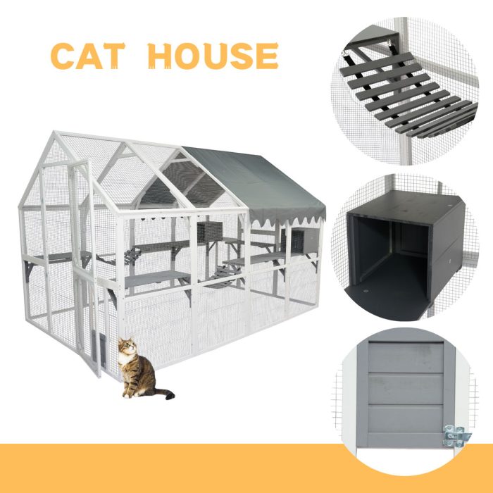 Xpt019 Cat Cage Box Lovely House Cute Pet Play Speace Wooden Big For Backyard Room - White - Image 3
