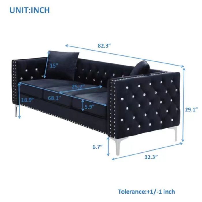 Modern Sofa Jeweled Buttons Tufted Square Arm Couch, 2 Pillows Included - Image 5