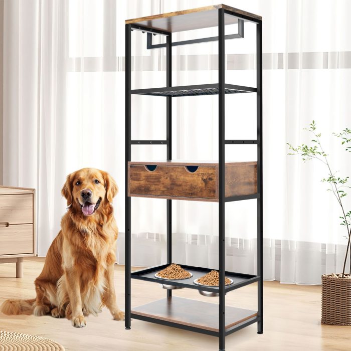 Dog Feeding Station, 3 Height Adjustable Raised Dog Bowls, Dog Feeder Station For Large Medium Dogs Cats, Dog Storage With Shelves - Black / Dark Brown - Image 4