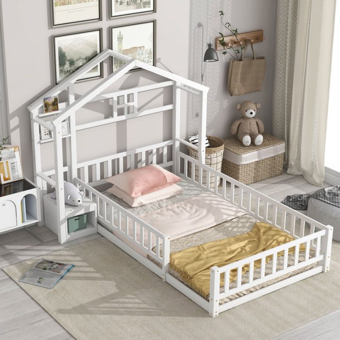 House-Style Headboard Floor Bed With Fence Guardrails Without Cushion - Image 5