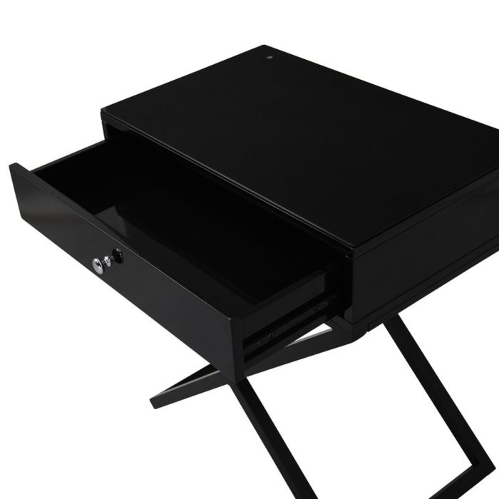 Koda - Wooden End Side Table Nightstand With Glass Top, Drawer And Metal Cross Base - Image 2