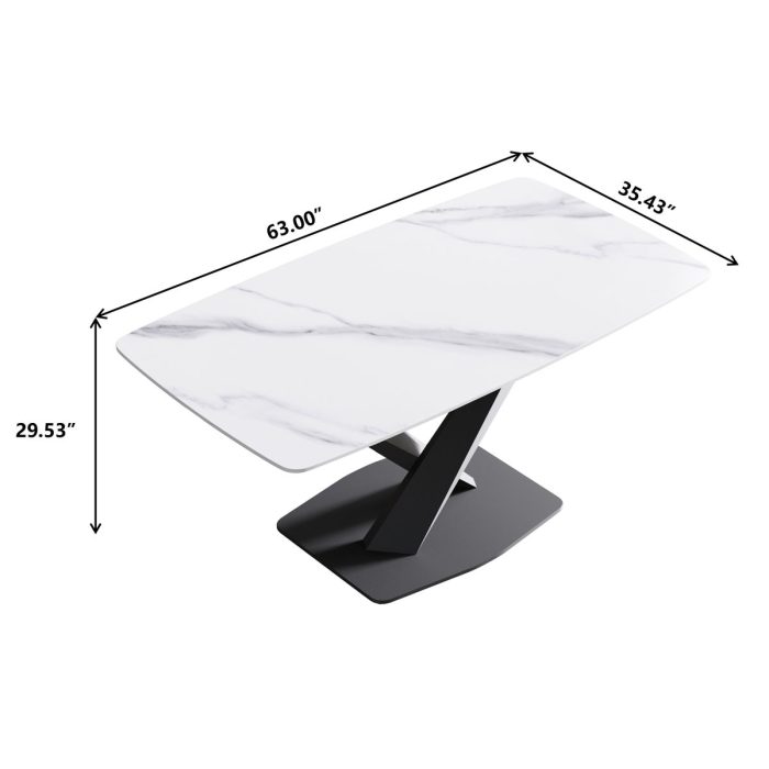 63" Modern Artificial Stone Dining Table, 6 People - White / Black - Image 3