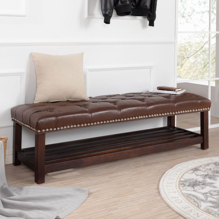 Bedroom End Of Bed Bench Tufted Upholstered End Of Bed Bench End Of Bed Entrance Shoe Bench With Nailhead Trim And Shelf Bedroom Upholstered Leather Bench Living Room Shoe Rack Footstool - Image 4