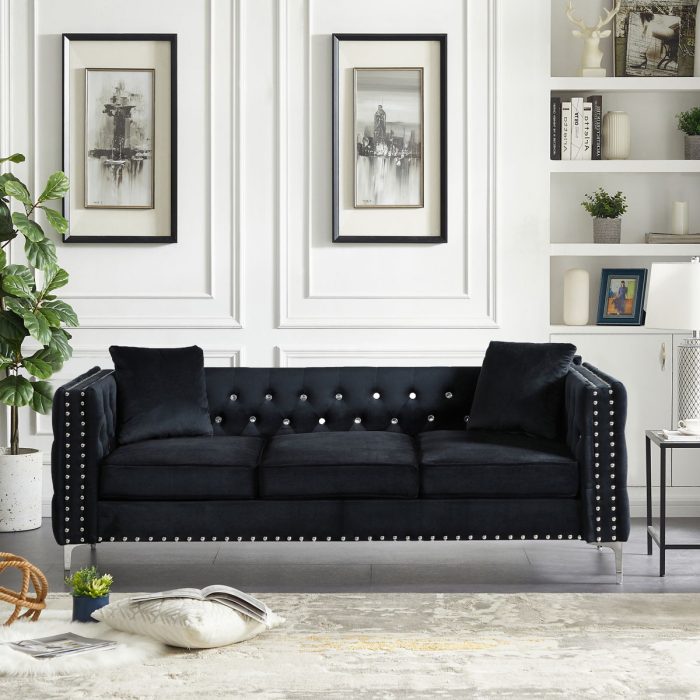 Modern Sofa Jeweled Buttons Tufted Square Arm Couch, 2 Pillows Included - Image 10