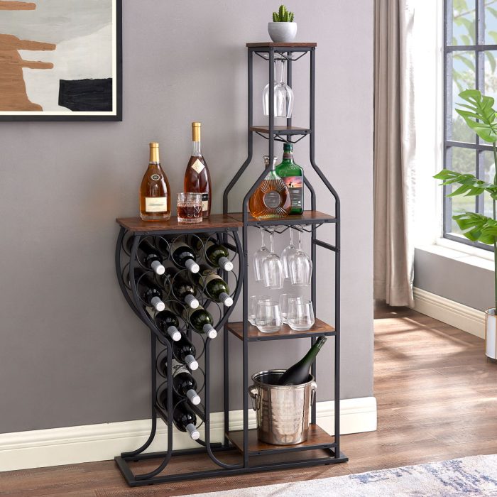 11 Bottle Wine Bakers Rack, 5 Tier Freestanding Wine Rack With Hanging Wine Glass Holder And Storage Shelves, Wine Storage Home Bar For Liquor And Wine Storage for Kitchen, Dining Room - Image 4