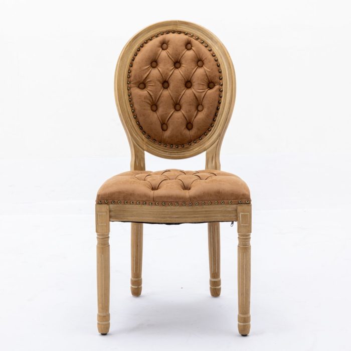 French Style Solid Wood Frame Antique Painting, Hand-Pulled Buckle Decoration PU Artificial Leather Dining Chair With Nailhead Trim, Wood Legs - Image 3