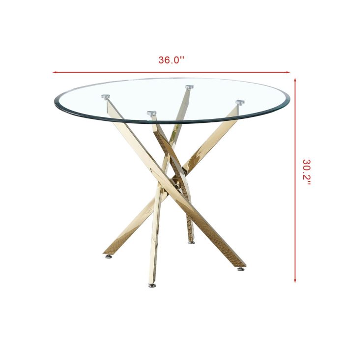 Contemporary Round Clear Dining Tempered Glass Table With Gold Finish Stainless Steel Legs - Gold - Image 2