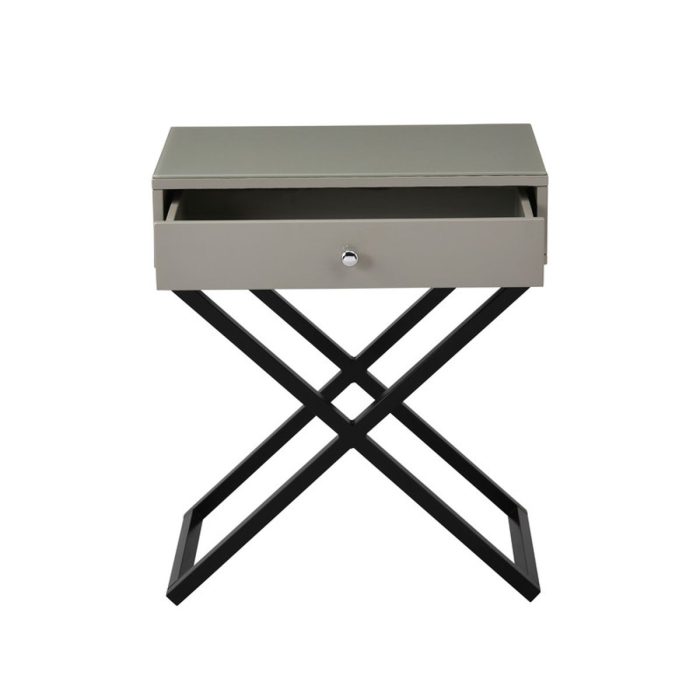 Koda - Wooden End Side Table Nightstand With Glass Top, Drawer And Metal Cross Base - Image 3
