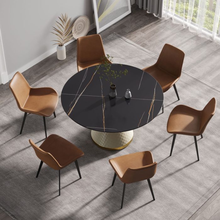 53.15" Modern Artificial Stone Round Carbon Steel Base Dining Table, Can Accommodate 6 People - Black / White - Image 3