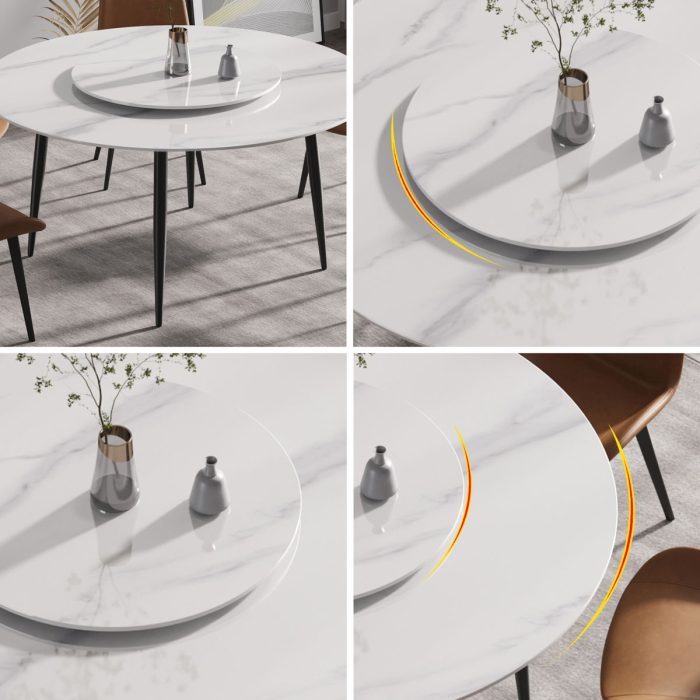 Modern Artificial Stone Round Dining Table, Can Accommodate 6 People Artificial Stone Turntable - White - Image 3