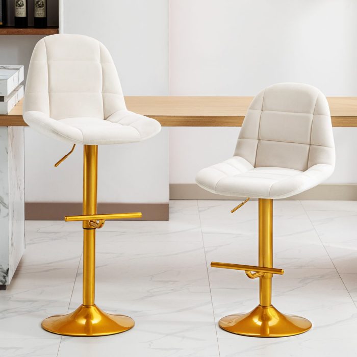 Velvet Swive Bar Stools Adjustable Counter Height Bar Chairs With Back Gold Base Modern Stool Chair For Kitchen Island Dining Room (Set of 2) - White - Image 3