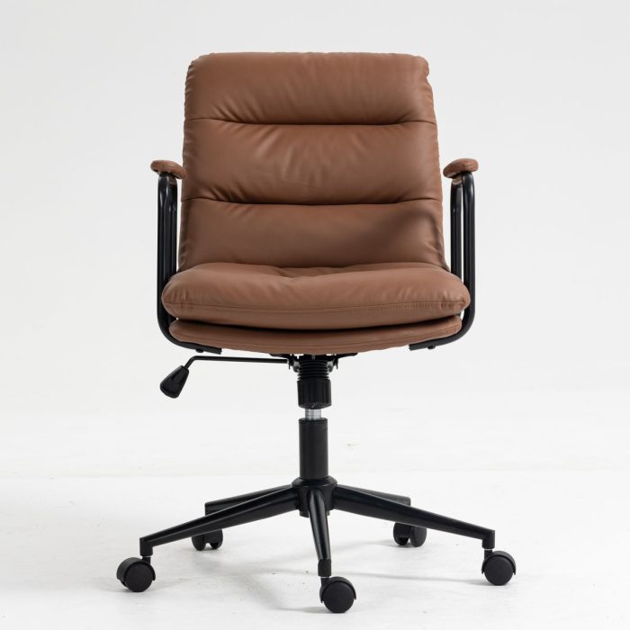 Office Chair, Mid Back Home Office Desk Task Chair With Wheels And Arms Ergonomic PU Leather Computer Rolling Swivel Chair With Padded Armrest - Image 5