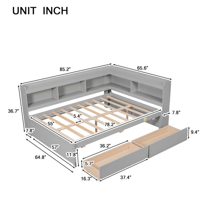 Full Bed With L-Shaped Bookcases, Drawers - Image 7