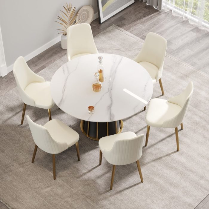 53.15" Modern Artificial Stone Round Panel Metal Iron Base Dining Table, Can Accommodate 6 People, (Not Including Chairs) - White / Black - Image 2
