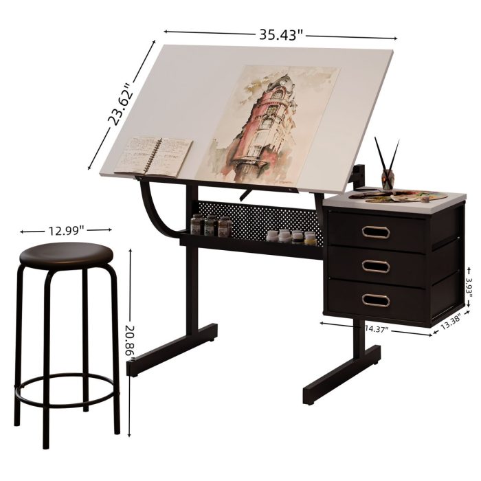 Adjustable Drafting Drawing Table With Stool And 3 Drawers - White / Black - Image 2