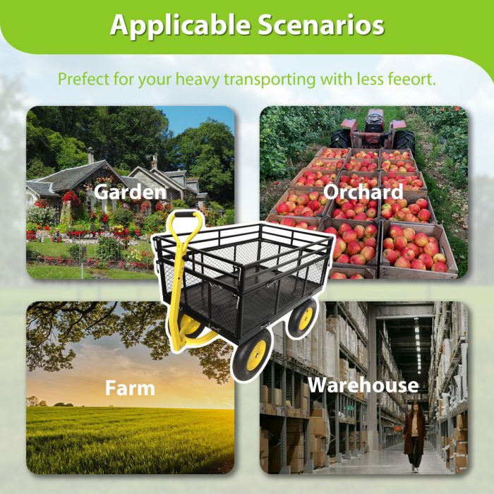 Steel Garden Cart, Heavy Duty 1400 Lbs Capacity, With Removable Mesh Sides To Convert Into Flatbed, Utility Metal Wagon With 2-In-1 Handle And 16 In Tires, Perfect For Garden, Farm, Yard - Black - Image 3