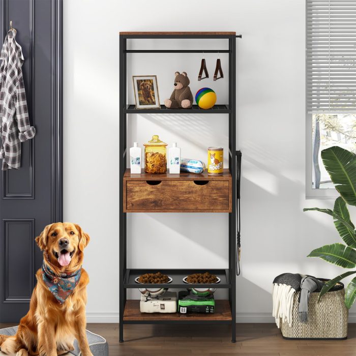 Dog Feeding Station, 3 Height Adjustable Raised Dog Bowls, Dog Feeder Station For Large Medium Dogs Cats, Dog Storage With Shelves - Black / Dark Brown - Image 3