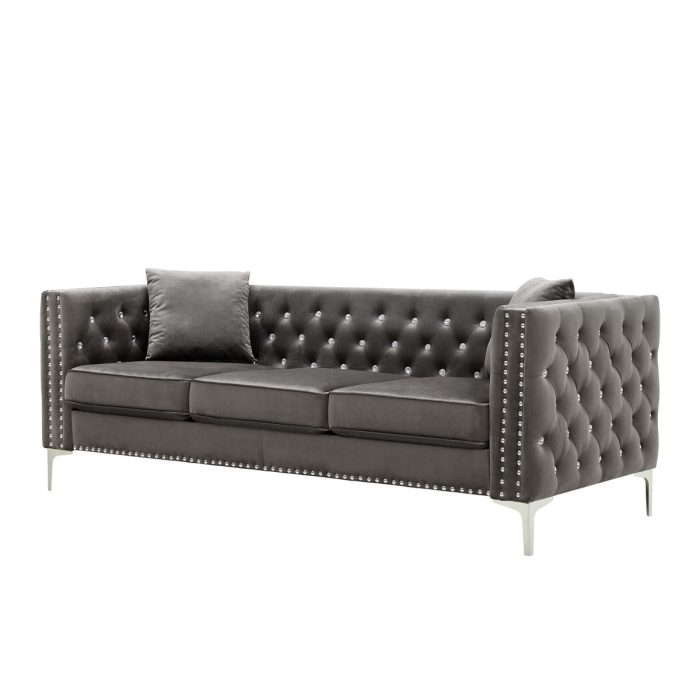 Modern Sofa Jeweled Buttons Tufted Square Arm Couch, 2 Pillows Included - Image 4