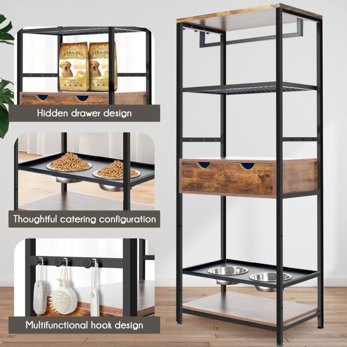 Dog Feeding Station, 3 Height Adjustable Raised Dog Bowls, Dog Feeder Station For Large Medium Dogs Cats, Dog Storage With Shelves - Black / Dark Brown - Image 2