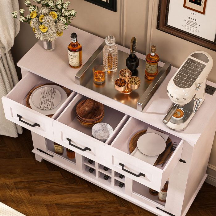 Modern Farmhouse Sideboard Buffet Coffee Bar Cabinet Storage Cabinet With LED Charging Station, Wine & Glass Rack, 3 Drawers, For Kitchen, Dining Room, Living Room - Antique White - Image 4