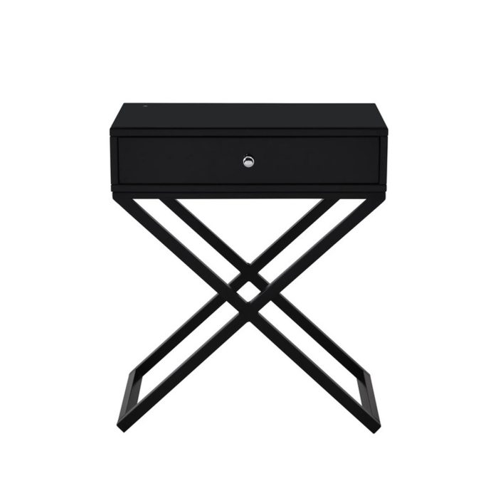 Koda - Wooden End Side Table Nightstand With Glass Top, Drawer And Metal Cross Base - Image 9