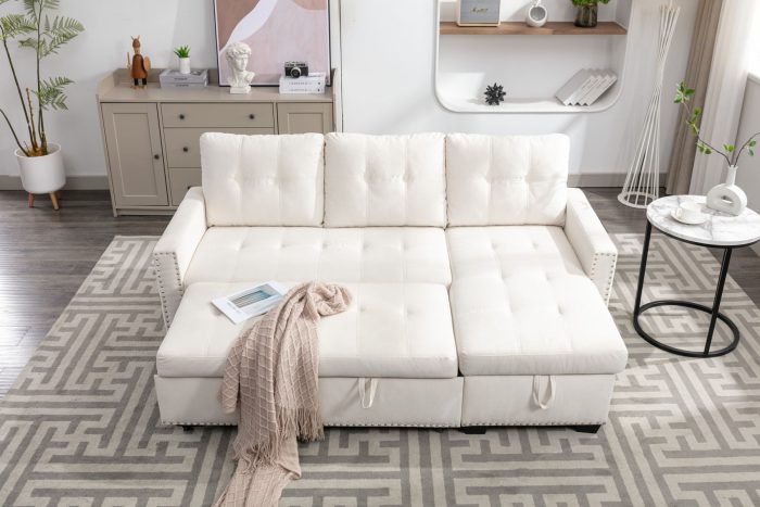 Reversible Sectional Storage Sleeper Sofa Bed, L-Shape 2 Seat Sectional Chaise With Storage, Skin-Feeling Velvet Fabric - Image 2