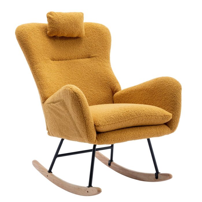 35.5" Rocking Chair With Pocket, Soft Teddy Fabric Rocking Chair For Nursery, Comfy Wingback Glider Rocker With Safe Solid Wood Base For Living Room Bedroom Balcony - Turmeric - Image 2