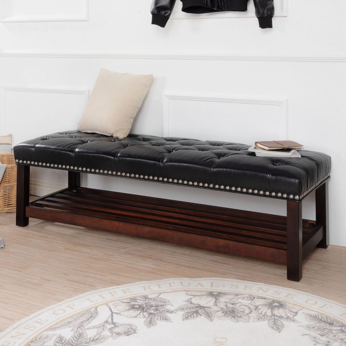 Bedroom End Of Bed Bench Tufted Upholstered End Of Bed Bench End Of Bed Entrance Shoe Bench With Nailhead Trim And Shelf Bedroom Upholstered Leather Bench Living Room Shoe Rack Footstool - Image 3