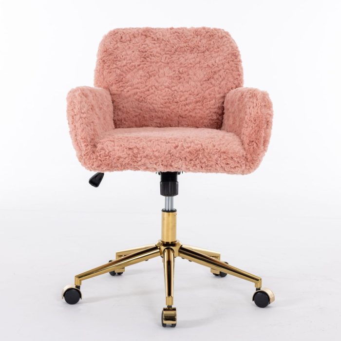 Office Chair, Artificial Rabbit Hair Home Office Chair With Golden Metal Base, Adjustable Desk Chair Swivel Office Chair, Vanity Chair - Image 16