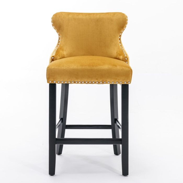 Contemporary Velvet Upholstered Wing-Back Barstools With Button Tufted Decoration And Wooden Legs, And Chrome Nailhead Trim, Leisure Style Bar Chairs, Bar Stools (Set of 2) - Image 12