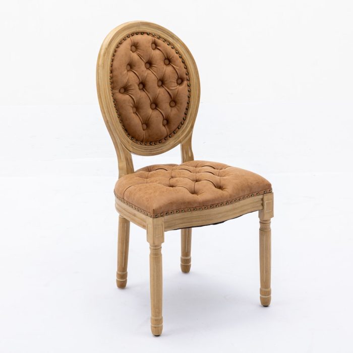 French Style Solid Wood Frame Antique Painting, Hand-Pulled Buckle Decoration PU Artificial Leather Dining Chair With Nailhead Trim, Wood Legs - Image 5