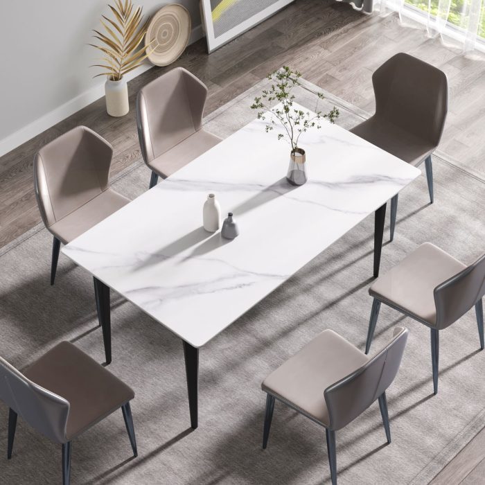 63" Modern Artificial Stone White Straight Edge Black Metal Leg Dining Table, 6 People - White / Black - Image 2