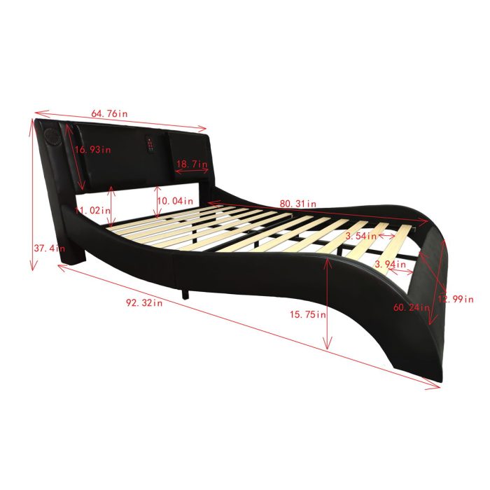Queen Size Upholstered Platform Bed Frame With LED Lighting, Bluetooth Connection To Play Music Control, Backrest Vibration Massage, Curve Design, Wood Slat Support, Exhibited Speakers - Black - Image 2