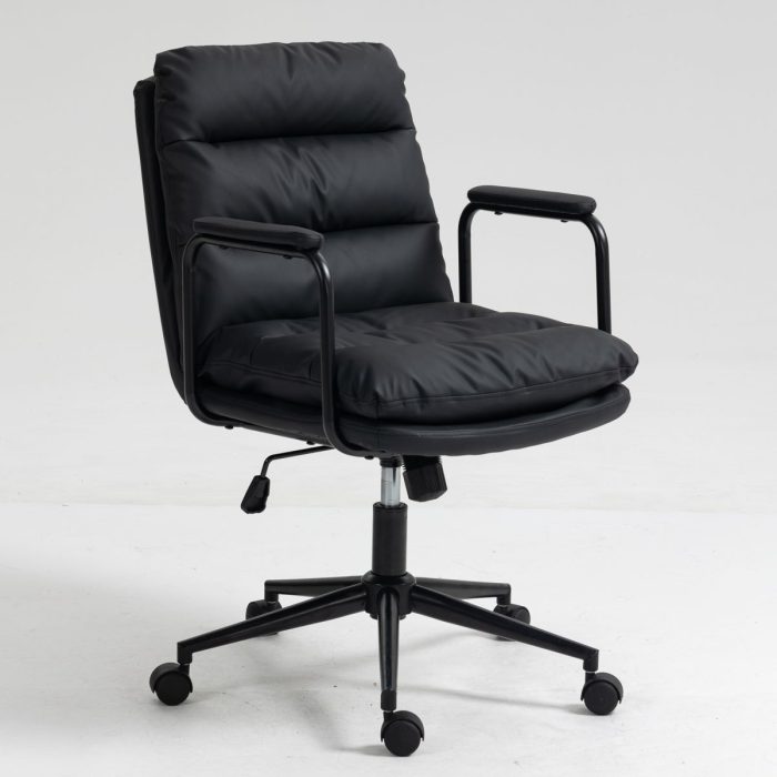 Office Chair, Mid Back Home Office Desk Task Chair With Wheels And Arms Ergonomic PU Leather Computer Rolling Swivel Chair With Padded Armrest - Image 2