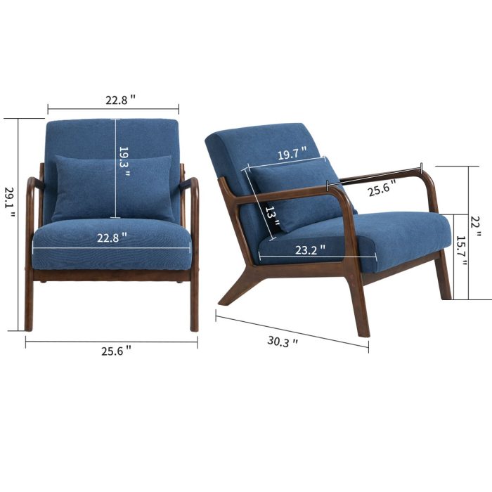 Mid-Century Modern Accent Chair With Wood Frame, Upholstered Living Room Chairs With Waist Cushion, Reading Armchair For Bedroom Sunroom - Image 3