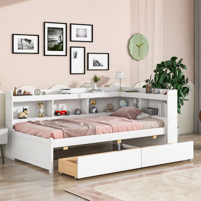 Twin Bed With L-Shaped Bookcases, Drawers - Image 4