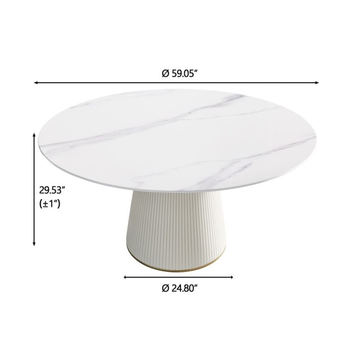 Modern Artificial Stone Round Plywood Base Dining Table, Can Accommodate 8 People, (Not Including Chairs) - White / Beige - Image 2