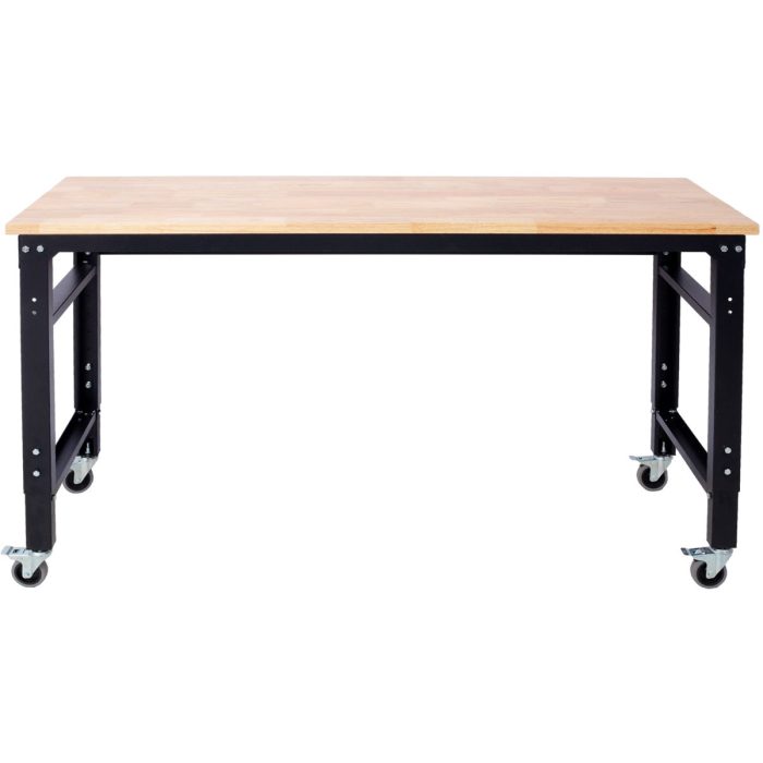 Wide Rolling Workbench For Garage, Adjustable Height, Workshop Tool Bench, Metal With Rubber Wood Top - Image 2