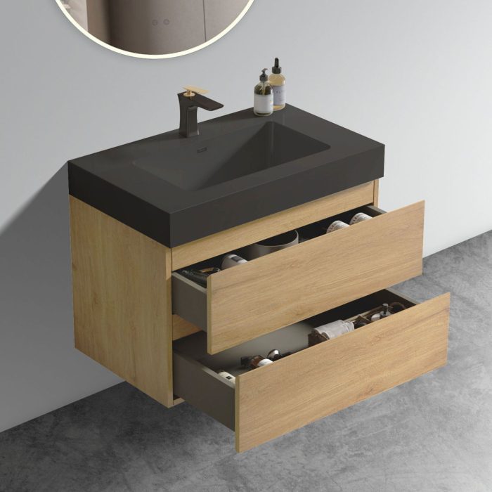 Alice - Natural Oak Bathroom Vanity With Sink, Large Storage Wall Mounted Floating Bathroom Vanity For Modern Bathroom, One-Piece Black Sink Basin Without Drain - Image 2
