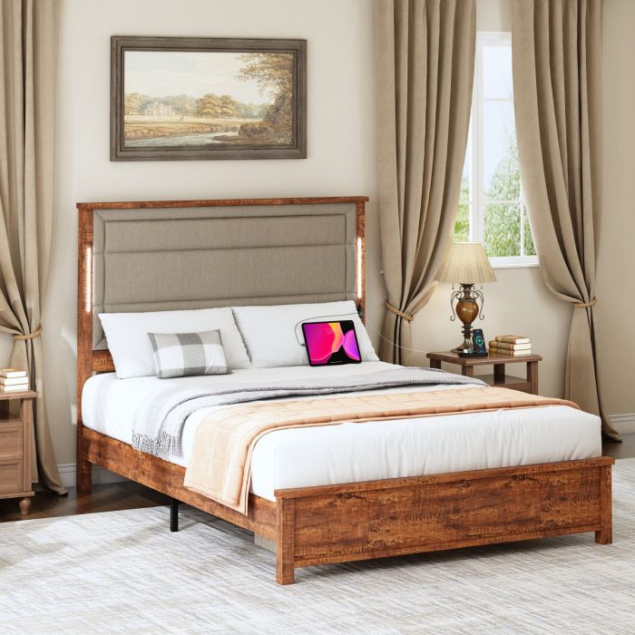 Queen Size Bed Frame With Upholstered Headboard, Queen Bed Frame With Charging Station And LED Lights, Wood Slats, No Box Spring Needed - Gray / Dark Brown - Image 3