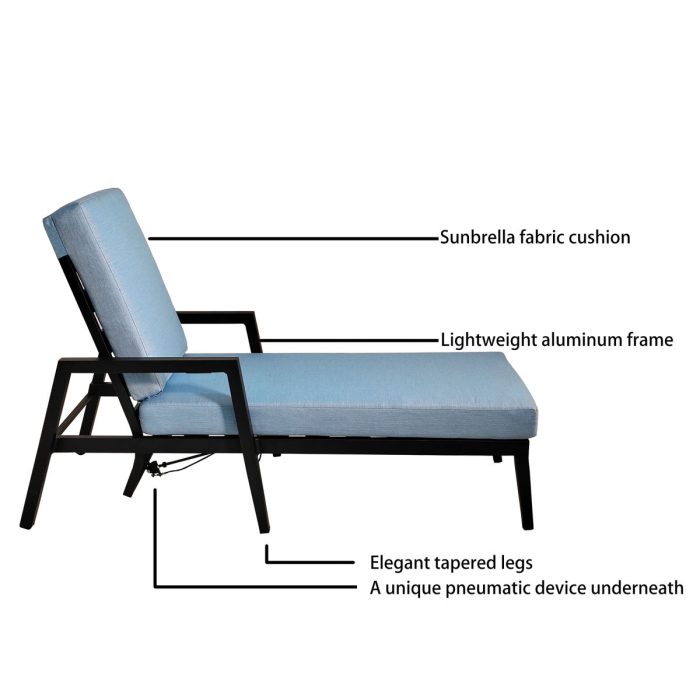 3 Piece Outdoor Patio Lounge Set, 2 Chaise & 1 End Table With Modern Tapered Feet, Pneumatic Adjustable Backrest, Wheels, Sunbrella Cushion - Ember Black / Blue - Image 3